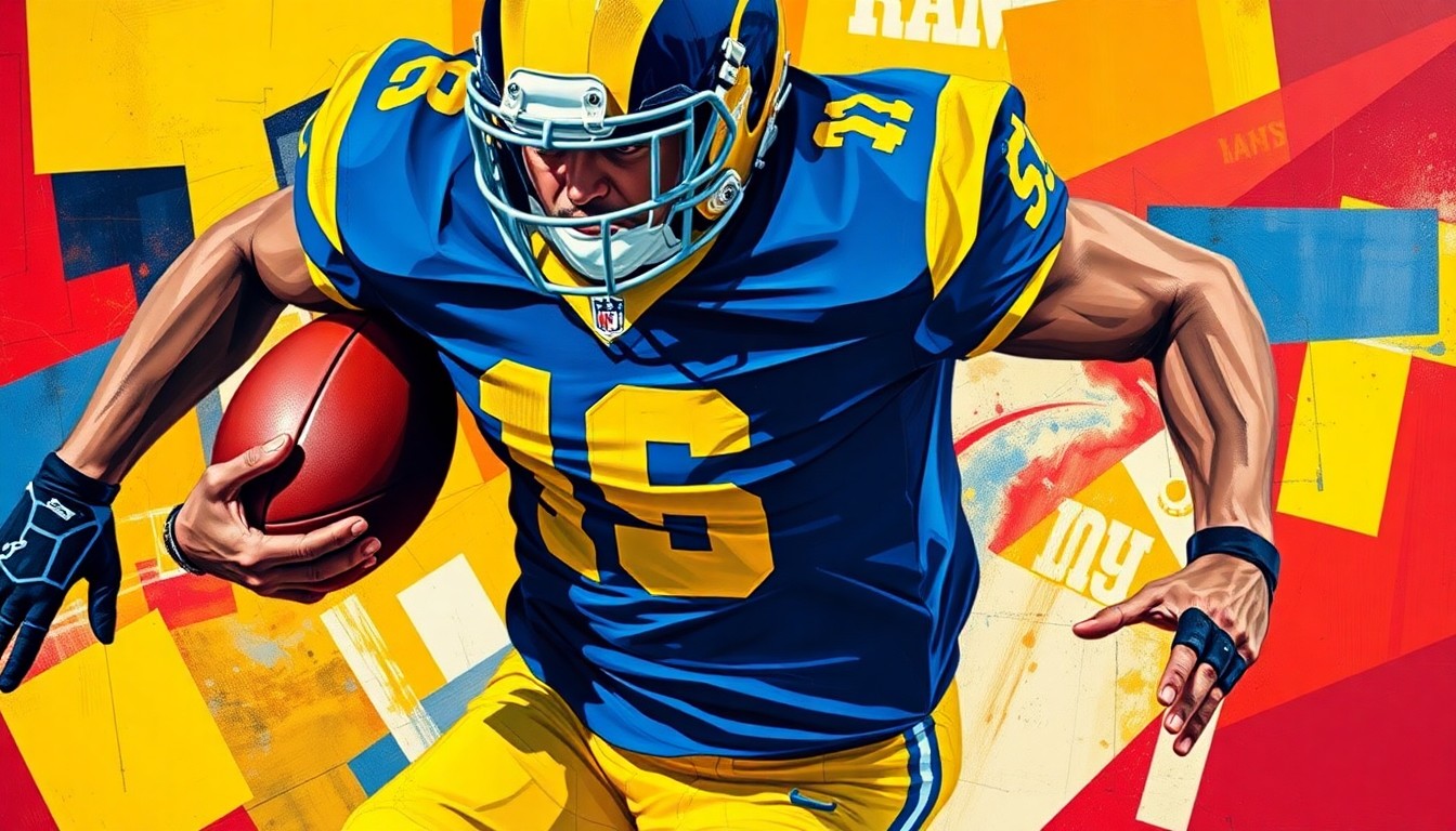 A fragmented, cubist-style painting depicting a football player in motion, with sharp geometric shapes and planes in the Rams' uniform colors of blue, yellow, and red, conveying the challenges of balancing athletic performance and personal growth.