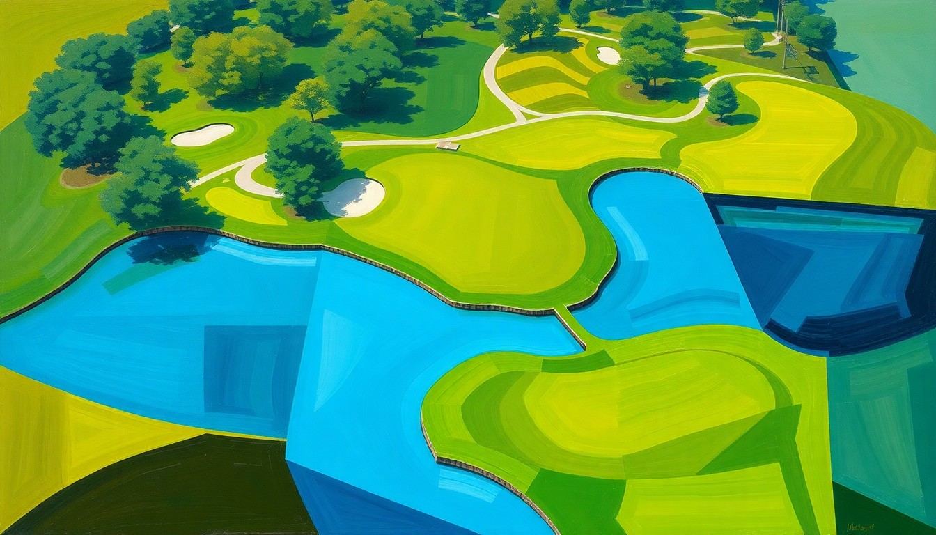 A cubist, geometric painting depicting the 17th hole at Memorial Park Golf Course, with its fairway, green, and new pond hazard rendered in overlapping planes of vibrant green, blue, and brown hues, capturing the challenge and drama of the iconic par-3 hole.