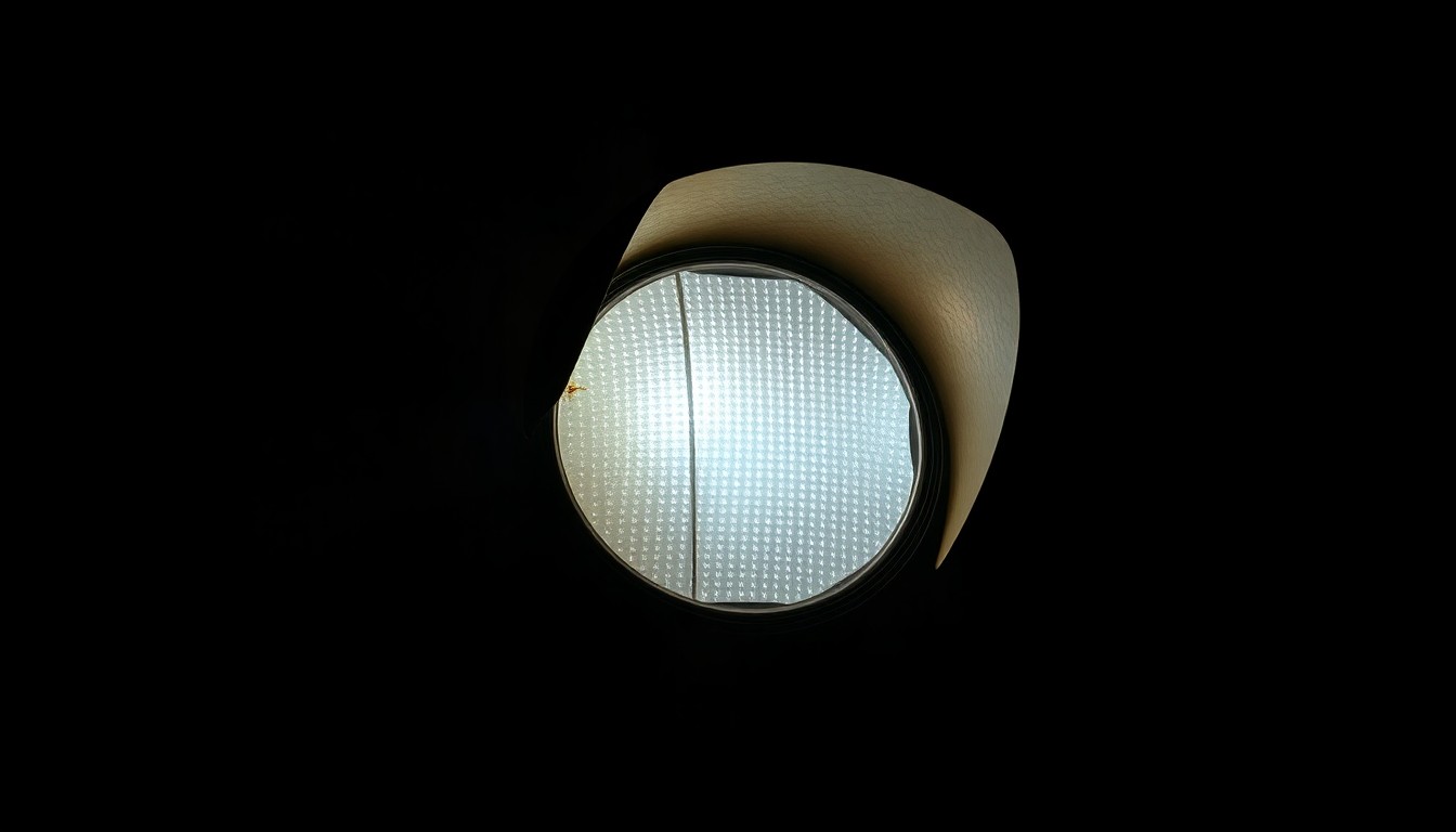 An extreme close-up of a damaged train crossing signal light, its red lens cracked and distorted, creating a stark, gritty visual that conceptually represents the safety issues at the heart of this story.