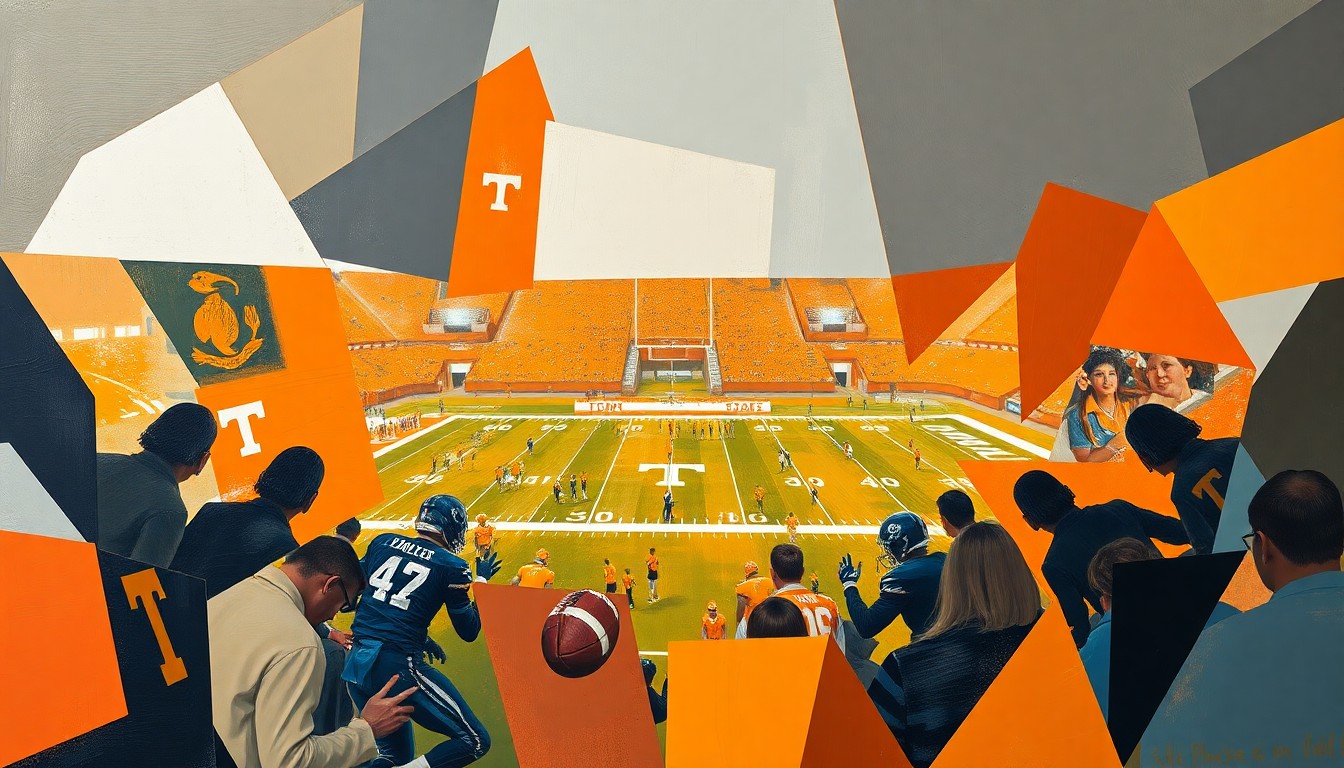 A dynamic, cubist-inspired illustration depicting a Tennessee football game or practice, with the action broken down into fragmented, overlapping geometric shapes and planes in a vibrant color palette.