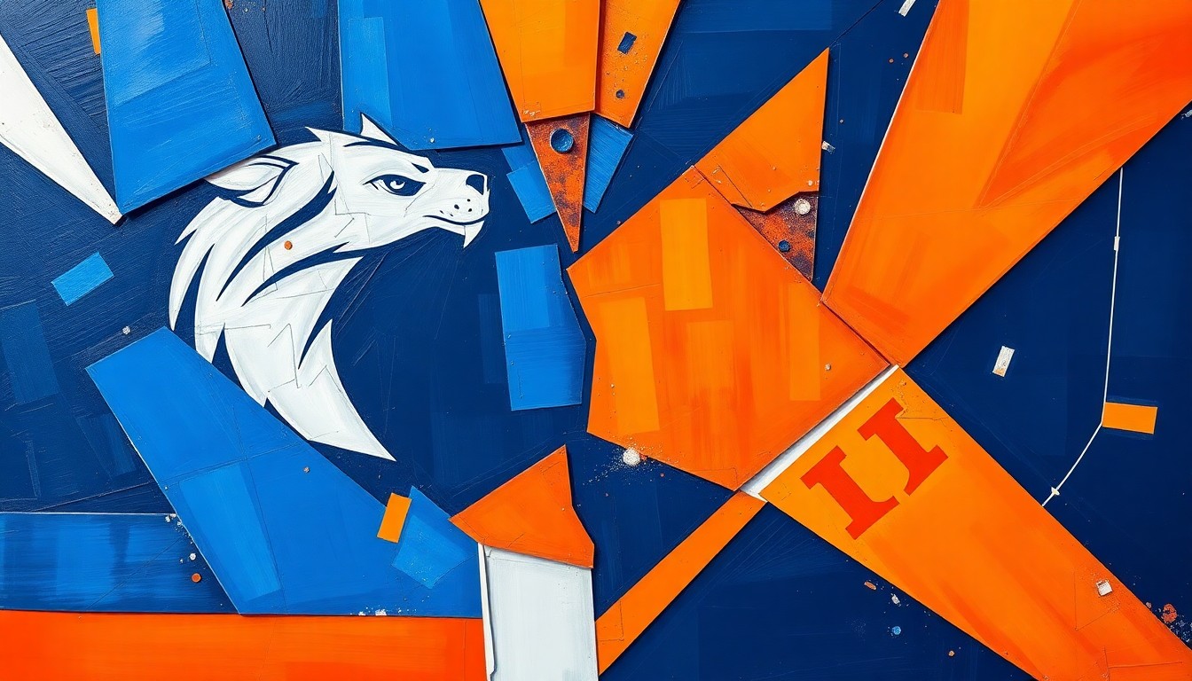 A cubist, geometric painting depicting the intense action and competition of a college basketball game, with the contrasting colors and sharp lines conveying the high-stakes nature of the Final Four matchup.