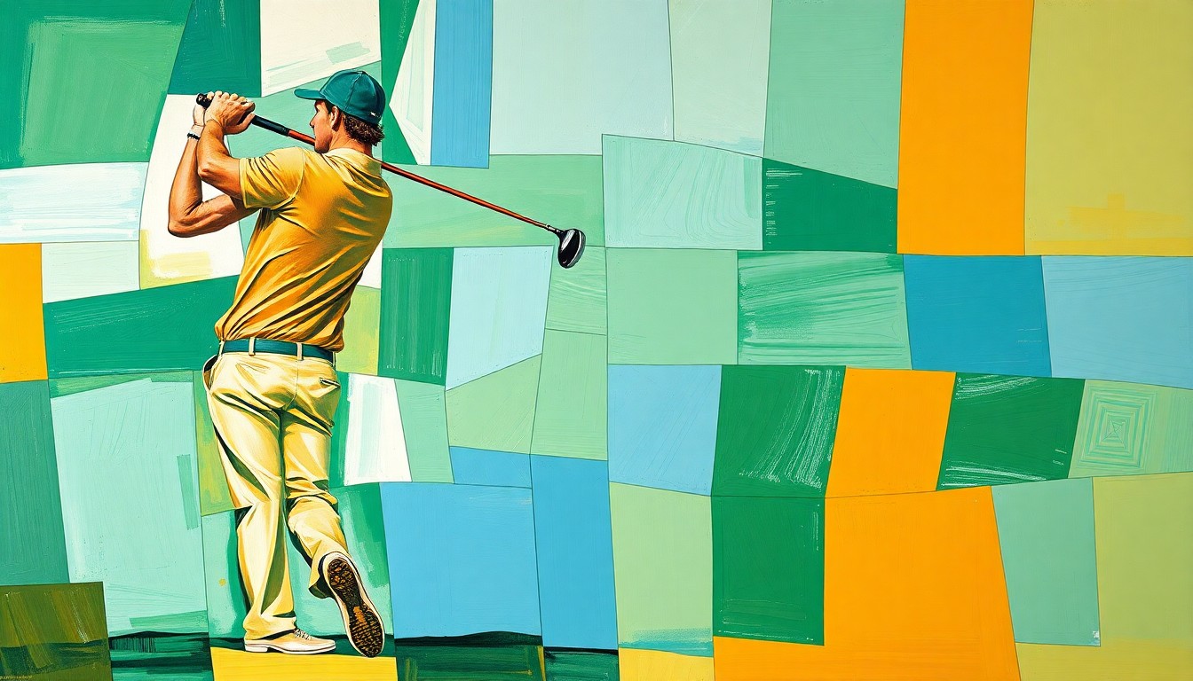A cubist-style painting depicting a golfer's swing broken down into sharp, overlapping geometric shapes in shades of green, blue, and ochre, conveying the dynamic motion and power of the sport.