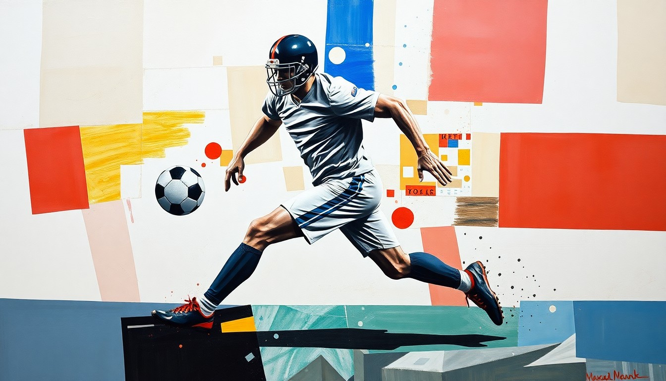 A fragmented, geometric painting depicting a football player's form broken down into sharp, overlapping planes, conveying the dynamic energy and unresolved nature of the player's off-field troubles.