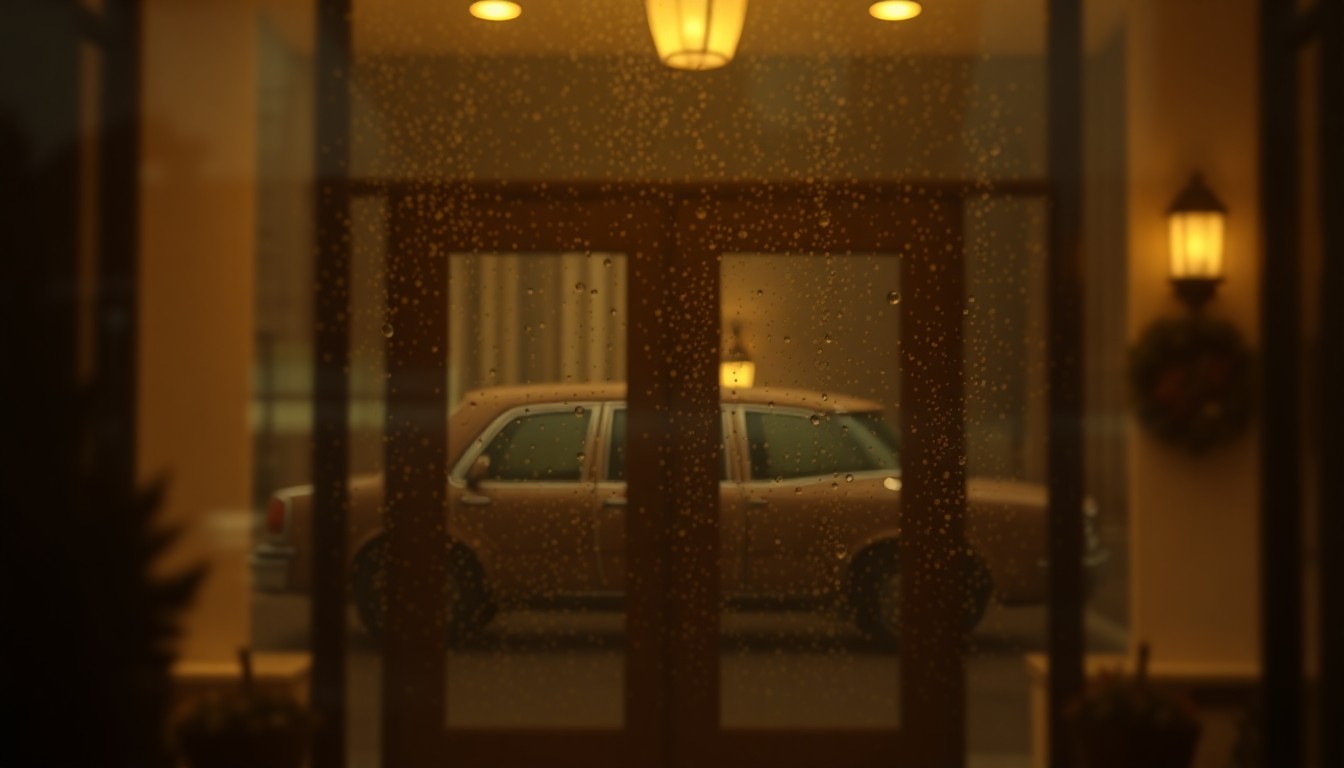 An extremely blurred, impressionistic photograph in shades of brown, orange, and gray, depicting the hazy outline of a funeral home entrance through a rain-streaked window, conveying a sense of melancholy and loss.