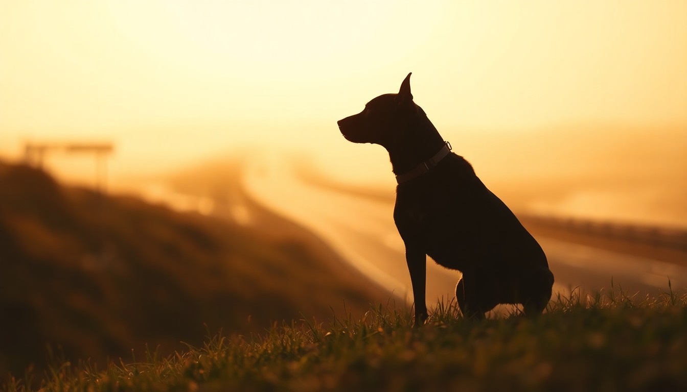 An abstract, out-of-focus photograph in soft, warm tones depicting the shadowy outline of a dog being carefully lifted up a grassy slope, conceptually representing the heroic rescue effort.