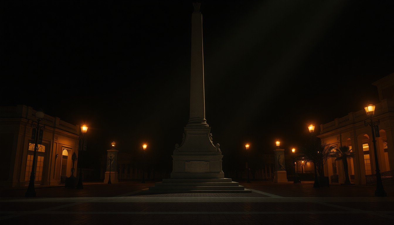 A quiet, cinematic painting of a solitary Confederate monument standing alone in a dimly lit urban plaza, bathed in warm, diagonal sunlight and deep shadows, evoking a sense of melancholy and the weight of history.