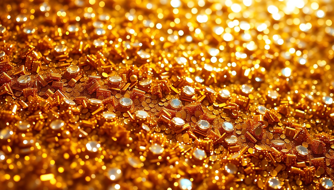 An extreme close-up photograph of shimmering gold sequins and sparkling rhinestones, capturing the glitz and energy of a country music performance.