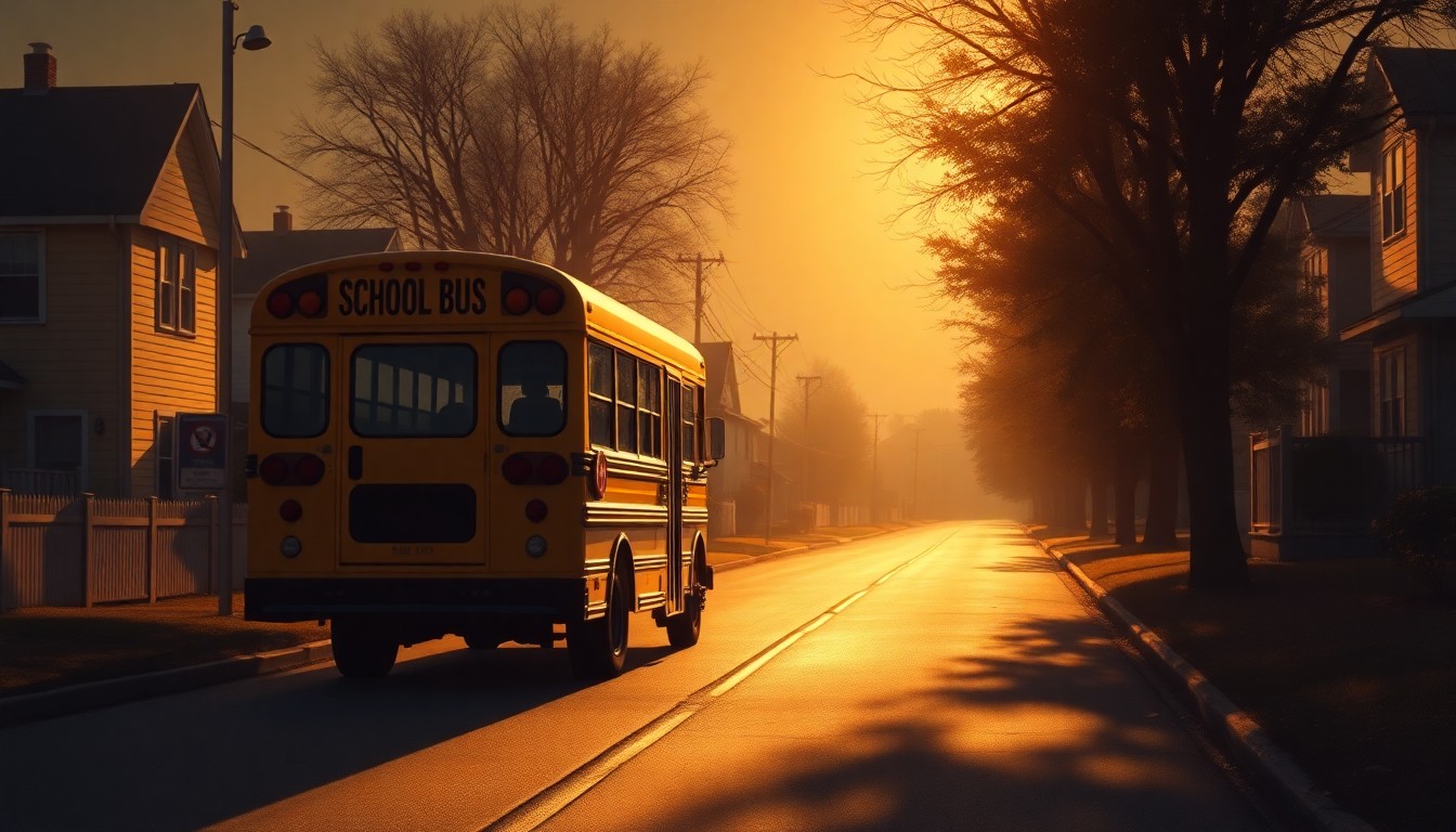 A serene, photorealistic painting of an empty school bus parked on a quiet residential street, the warm sunlight casting long shadows across the pavement, capturing a sense of contemplation and the impact of local tax policies on a community.