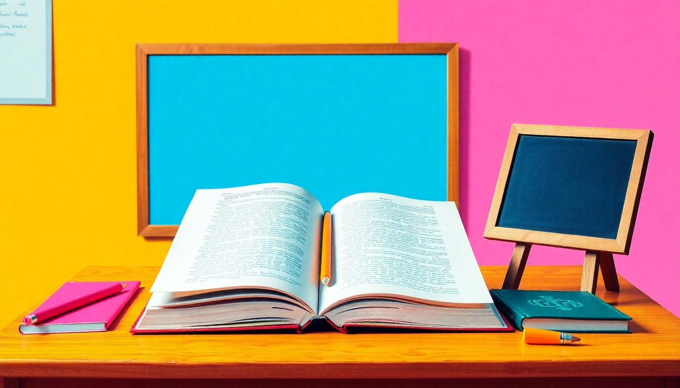 A brightly colored, high-contrast silkscreen print of a teacher's desk with an open book, a pencil, and a small chalkboard, conceptually representing the passion and creativity of an educator focused on genocide studies.