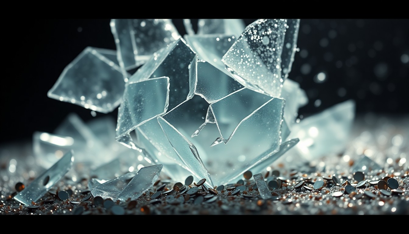 An abstract close-up image featuring shards of broken glass and glittering sequins, captured in dramatic high-contrast studio lighting to evoke the visual elegance and visceral energy of Quentin Tarantino's acclaimed movies.