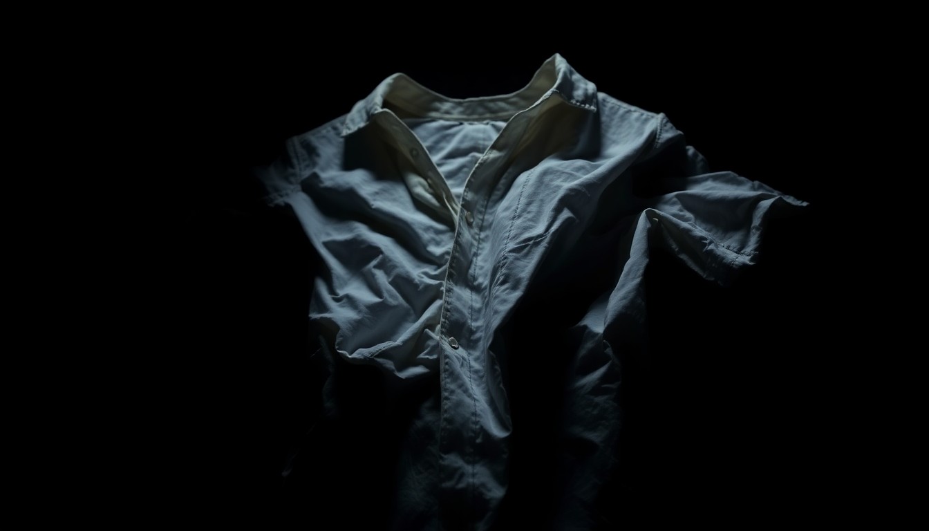 An extreme close-up photograph of a crumpled piece of clothing, such as a shirt or pants, lit by a harsh, direct camera flash against a pitch-black background, creating a stark, gritty, investigative aesthetic.