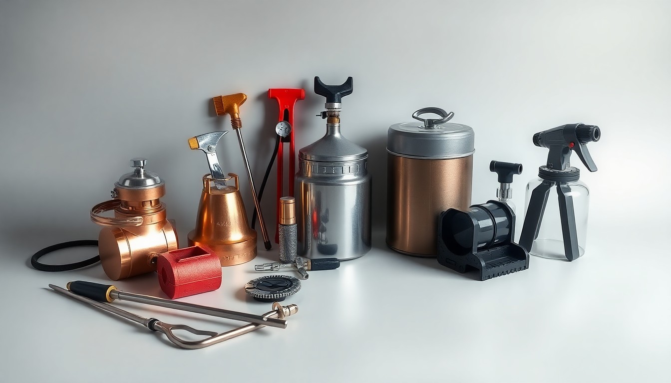 A photorealistic studio still life featuring a collection of polished, premium tools and equipment used in water damage restoration, fire damage cleanup, and mold remediation services, arranged elegantly on a clean, monochromatic background to represent the technical expertise and advanced capabilities of the IICRC-certified restoration company.