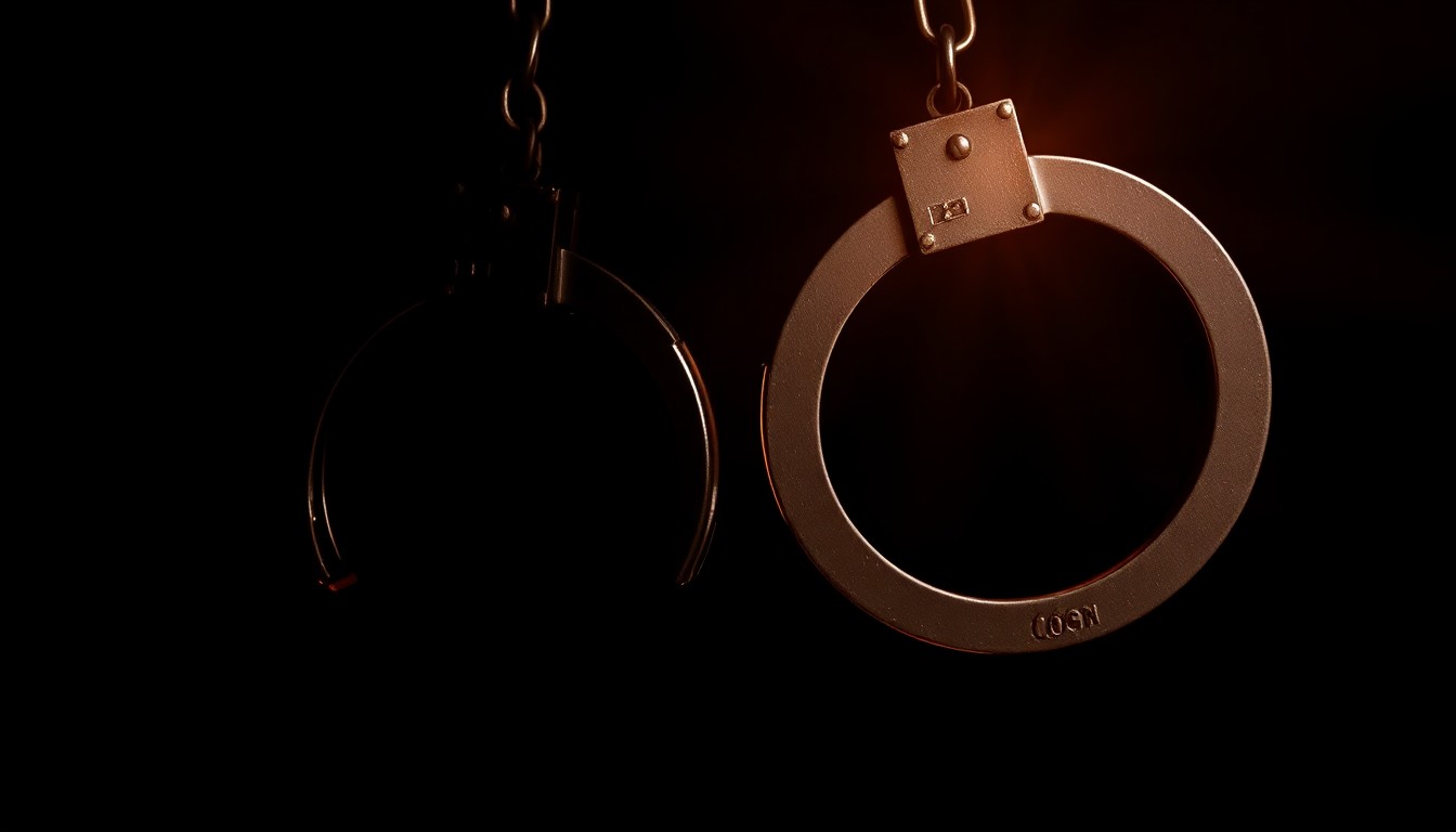 An extreme close-up photograph of a set of handcuffs against a pitch-black background, the metal reflecting a harsh, direct flash of light to create a gritty, investigative aesthetic.