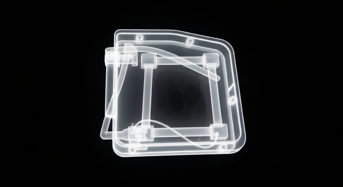 A ghostly, translucent X-ray photograph revealing the internal structure of a medical device or piece of equipment, glowing against a dark background, conceptually representing the clinic's urgent care services.