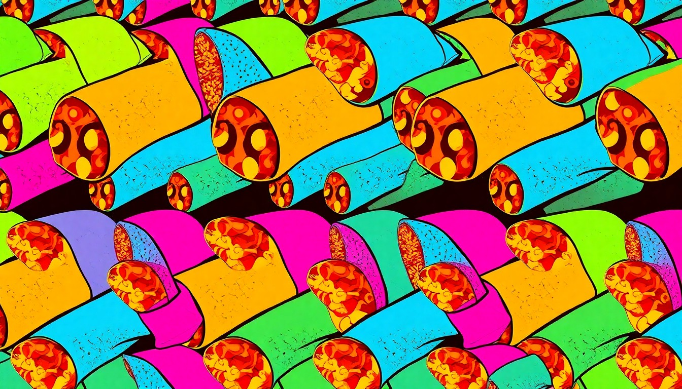 A vibrant, pop art-inspired grid of brightly colored, stylized burrito illustrations in neon shades of red, yellow, and blue, conceptually representing the festive atmosphere of National Burrito Day celebrations.