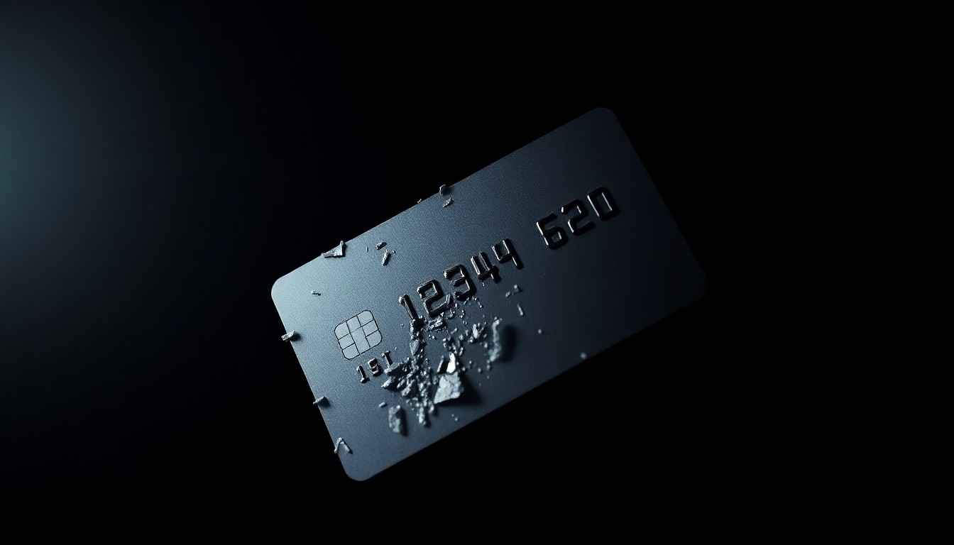 An extreme close-up photograph of a shredded credit card, the harsh lighting and dark background creating a gritty, investigative aesthetic that conceptually represents the serious nature of the identity theft and fraud investigation.