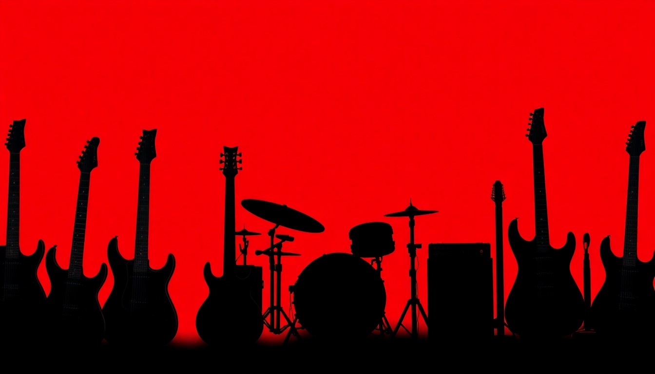 An abstract, minimalist illustration featuring sharp, angular black silhouettes of rock music instruments against a bright red background, conceptually representing the energy and creativity of a youth-focused music showcase event.