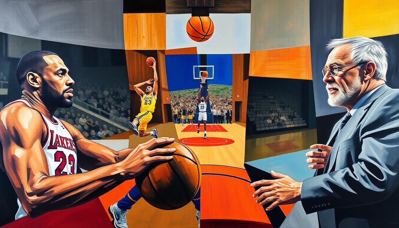 A cubist-style painting featuring fragmented, overlapping geometric shapes in vibrant colors representing the silhouettes and movements of basketball players, capturing the essence of an all-time great lineup.