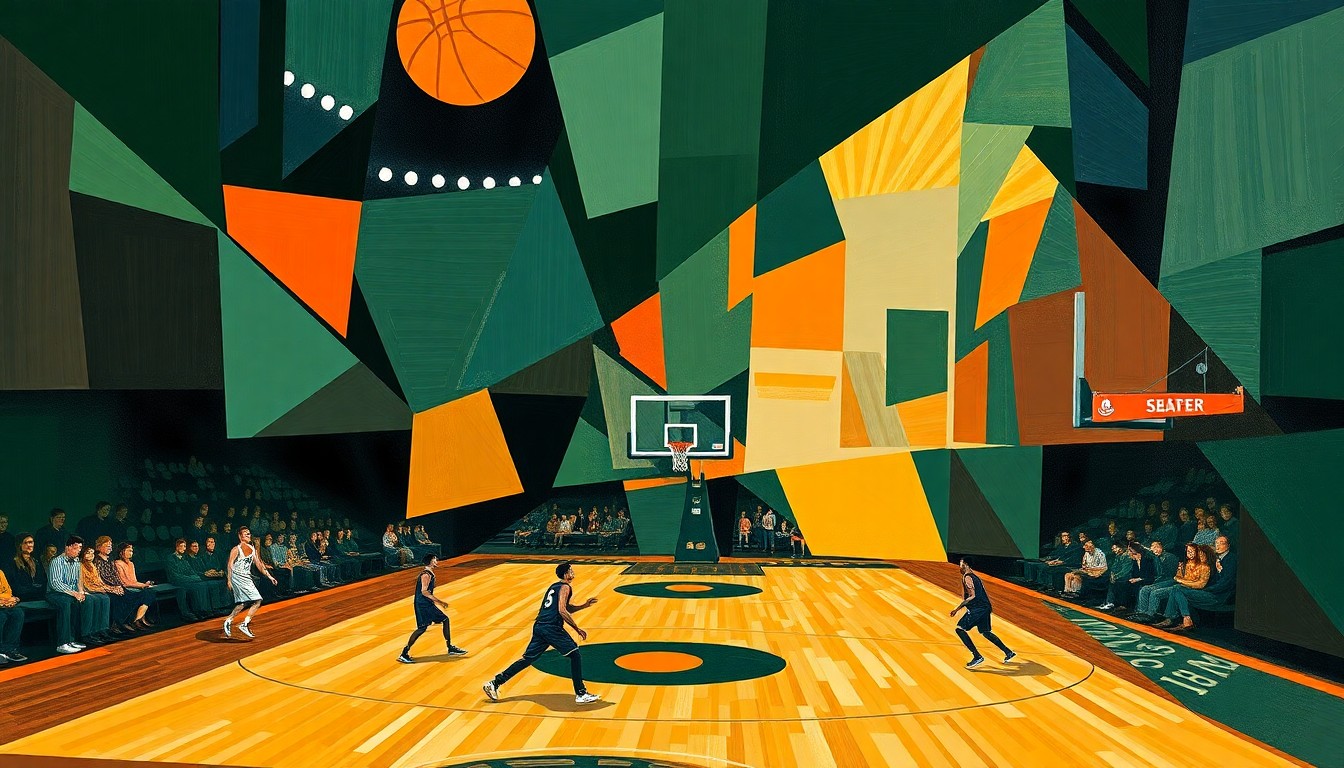 A cubist, geometric painting depicting a fragmented basketball court and players, using the Bucks' team colors of green, blue, and orange to capture the team's struggles this season.
