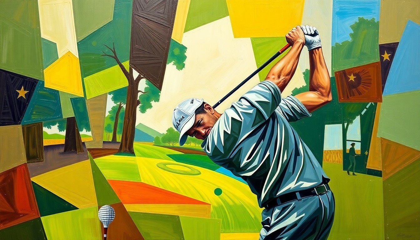 A cubist, fragmented painting depicting a golfer's swing motion broken down into sharp, overlapping geometric shapes in vibrant greens, browns, and blues.