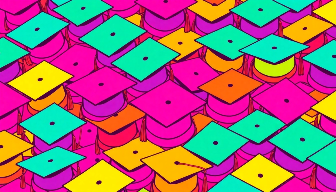 A bold, colorful silkscreen-style illustration featuring a grid of stylized graduation caps in bright neon shades, conceptually representing the celebration of academic achievement and community support.