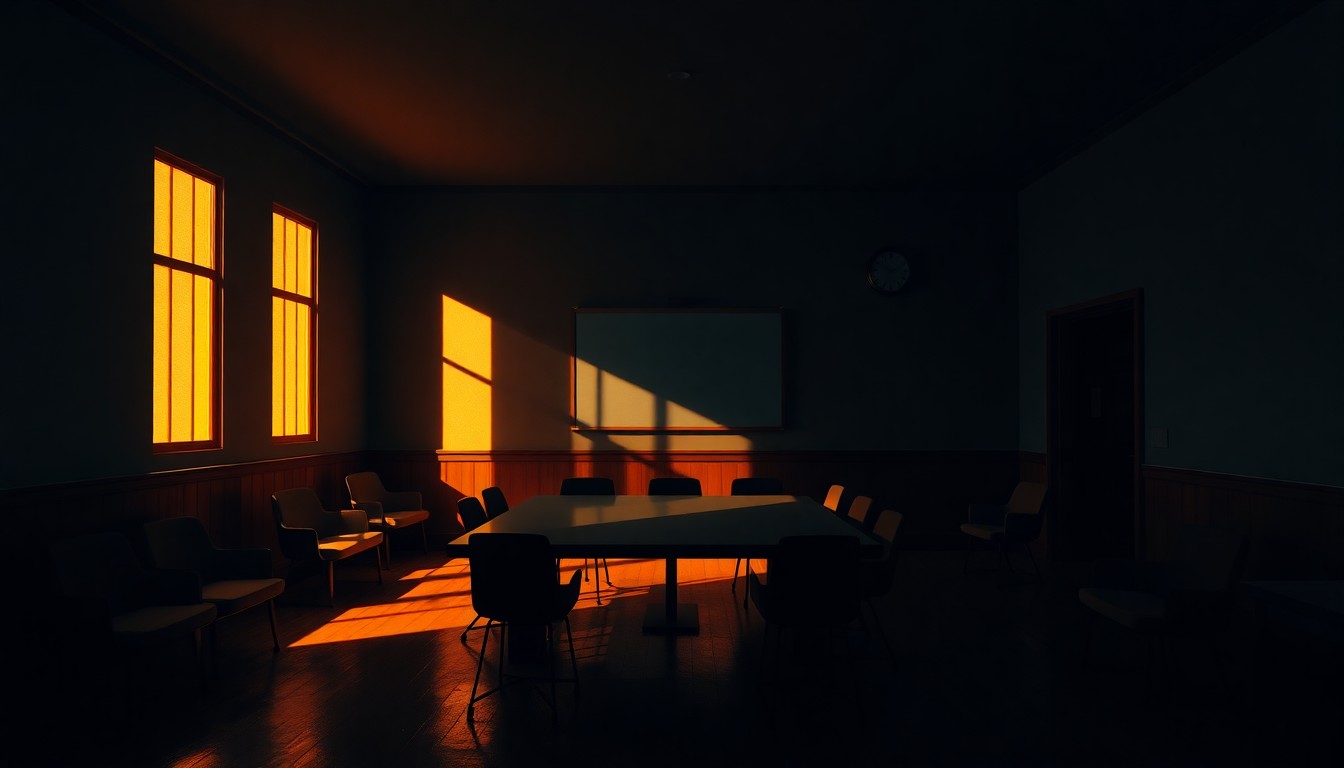 A dimly lit, cinematic painting of an empty community board meeting room, with warm sunlight streaming in through the windows and casting deep shadows across the empty chairs and tables, conveying a sense of quiet contemplation over the future of local governance.