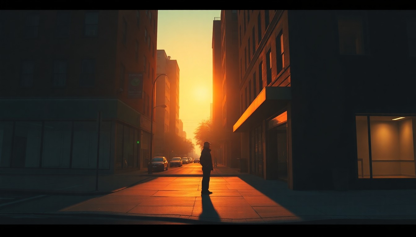 A cinematic painting of a solitary figure standing on a dimly lit city street corner, the warm glow of the setting sun casting long shadows across the pavement, capturing the quiet contemplation and enduring legacy of a civil rights leader.