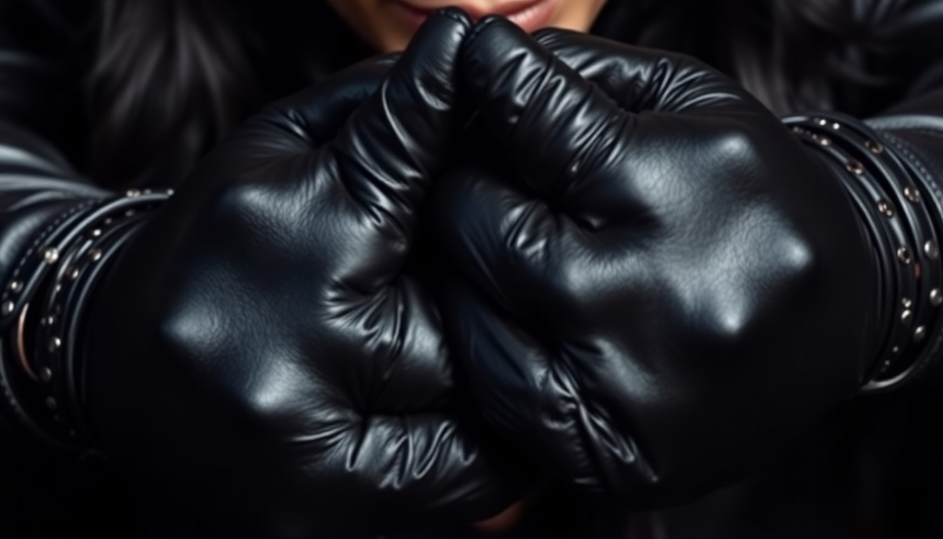 An extreme close-up photograph of Alice Cooper's black leather gloves and silver rings, shot in dramatic high-contrast studio lighting to create a glitzy, high-fashion aesthetic.