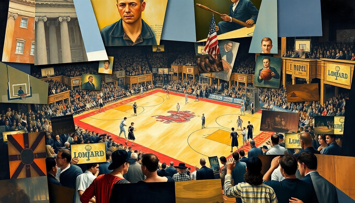 A fragmented, geometric painting depicting a college basketball game from multiple angles, with players and the court broken down into sharp, overlapping shapes and planes of color.