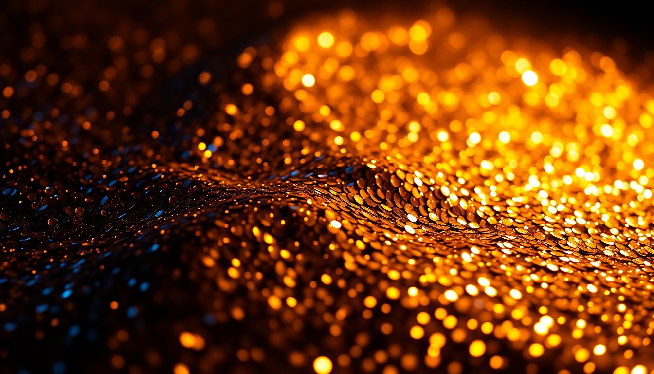 An extreme close-up photograph of shimmering, glittering sequins in dramatic studio lighting, conveying the glamour and opulence of the new Real Housewives of Rhode Island series.