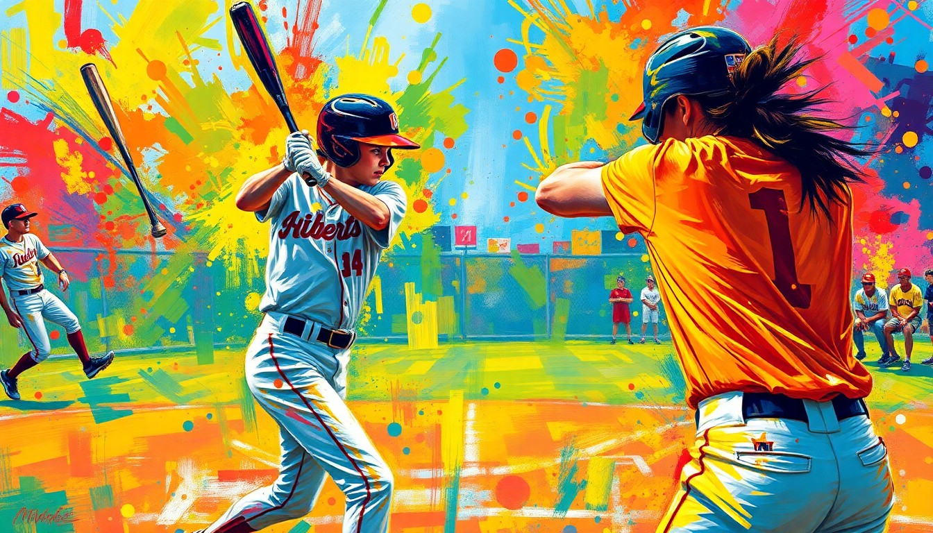 A vibrant, energetic painting in the style of LeRoy Neiman, with bold brushstrokes and neon colors capturing the raw power and motion of a high school softball game, the players' forms dissolving into abstract shapes and splatters of color.