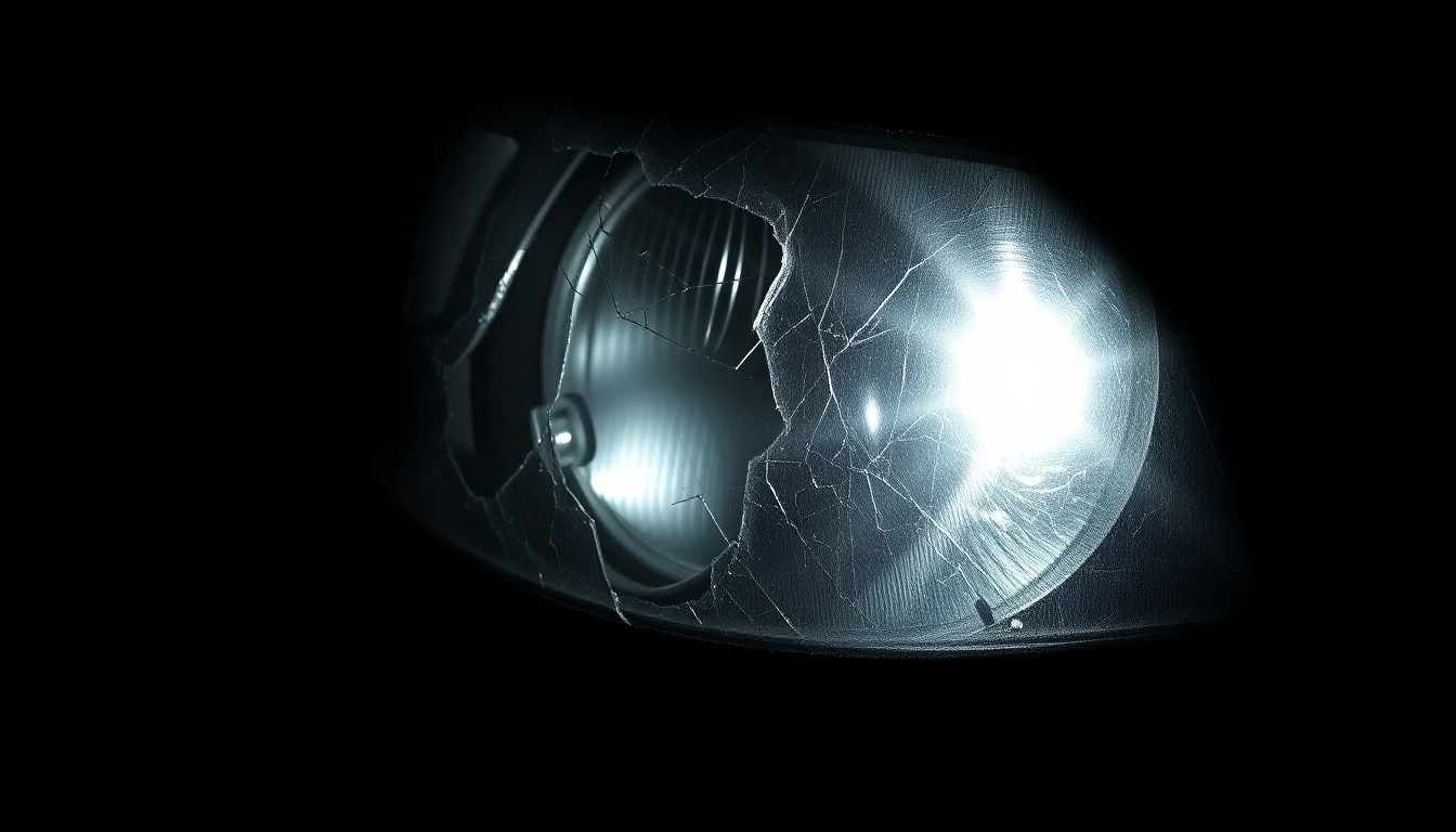 An extreme close-up photograph of a cracked and damaged car part, such as a headlight or side mirror, lit by a harsh, direct camera flash against a pitch-black background, conceptually illustrating the aftermath of a serious vehicular accident.
