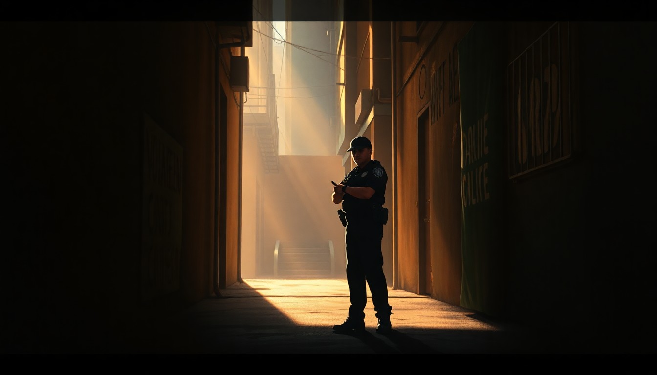 A cinematic painting of a lone police officer standing in a dimly lit urban alleyway, the officer's face obscured in shadow as warm sunlight casts dramatic diagonal shadows, conveying a somber, introspective mood around the controversial immigration enforcement operation.