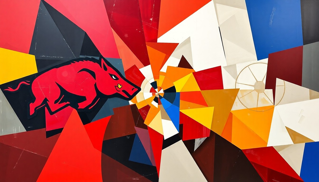 A cubist, fragmented painting depicting a college basketball game or match, with sharp geometric shapes and planes in the official colors of Arkansas and Memphis, conceptually representing the competitive nature of recruiting top players.