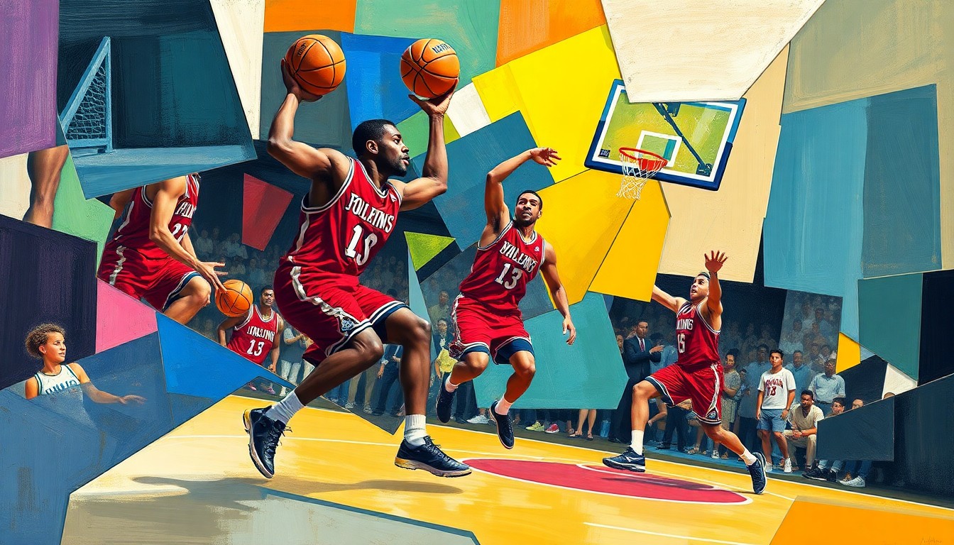 A fractured, multi-perspective painting in a cubist style, with sharp, overlapping geometric planes depicting the energy and movement of a basketball game or match. Bright, vibrant colors represent the uniforms and energy of the sport.