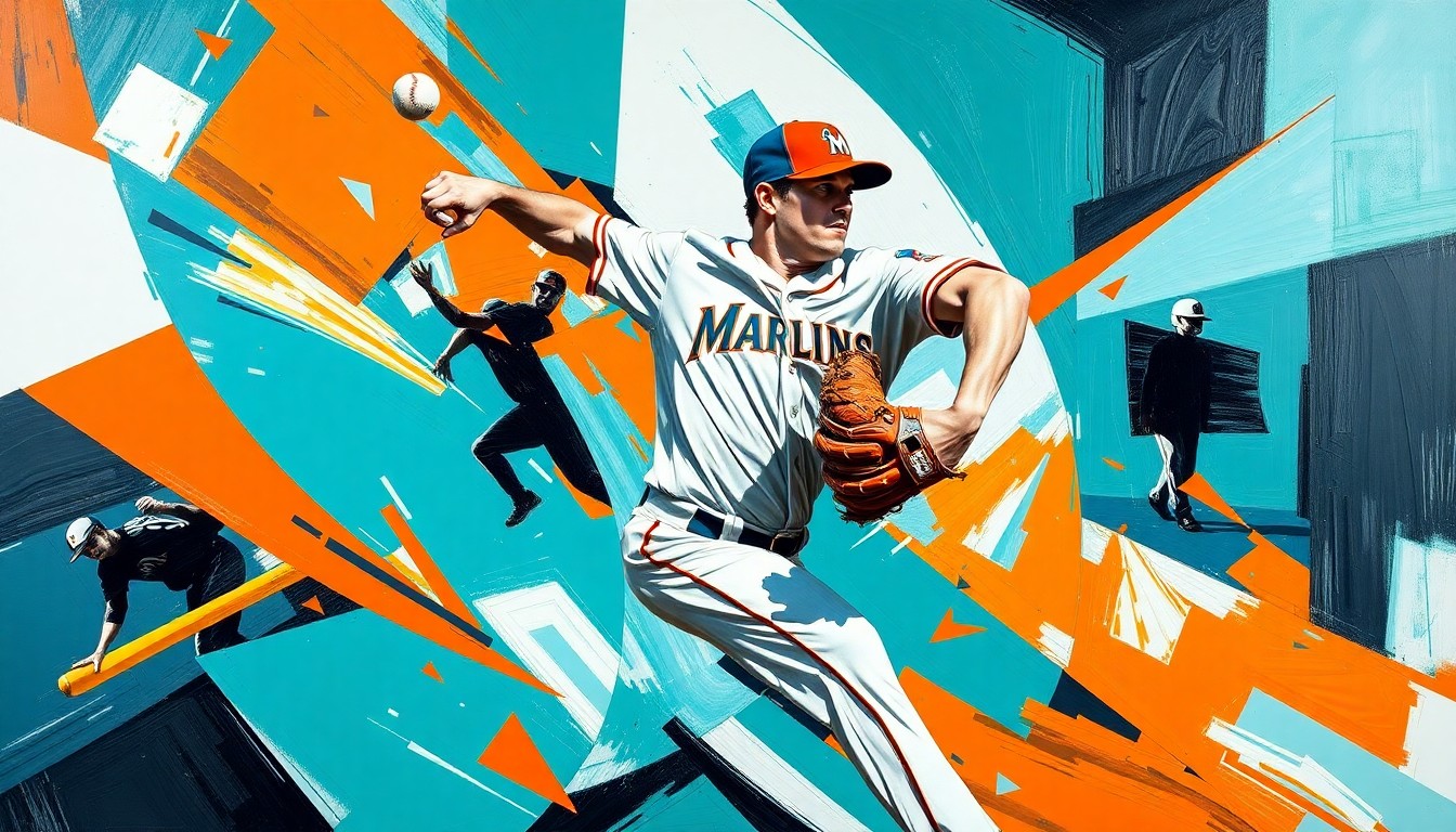 A cubist, geometric painting depicting a baseball pitcher's delivery broken down into overlapping planes of teal, orange, and black, capturing the raw energy and motion of the Marlins' dominant pitching staff.