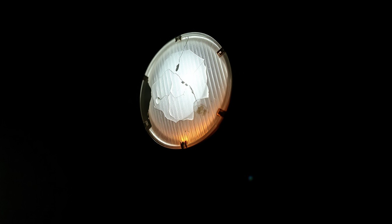 An extreme close-up photograph of a damaged moped part, such as a broken mirror or cracked taillight, lit by a harsh, direct camera flash against a pitch-black background, creating a stark, gritty, investigative aesthetic.