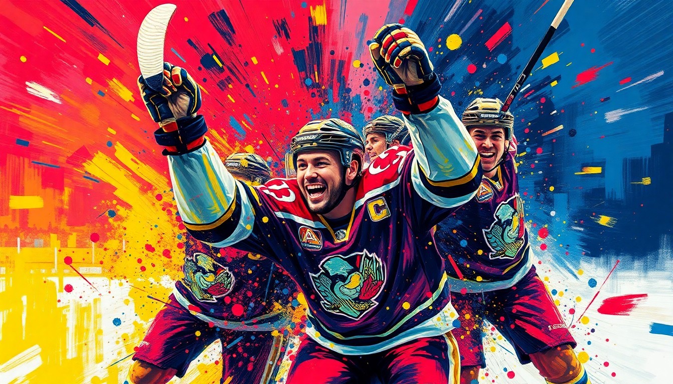 An abstract, expressionist painting in vibrant neon colors, capturing the raw energy and emotion of a hockey celebration, with players' faces and jerseys dissolving into unrecognizable splatters of paint.