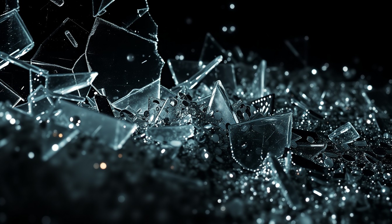 An abstract close-up image featuring shattered glass and glittering sequins, captured in dramatic studio lighting to evoke a sense of glamour and excess associated with the horror genre.