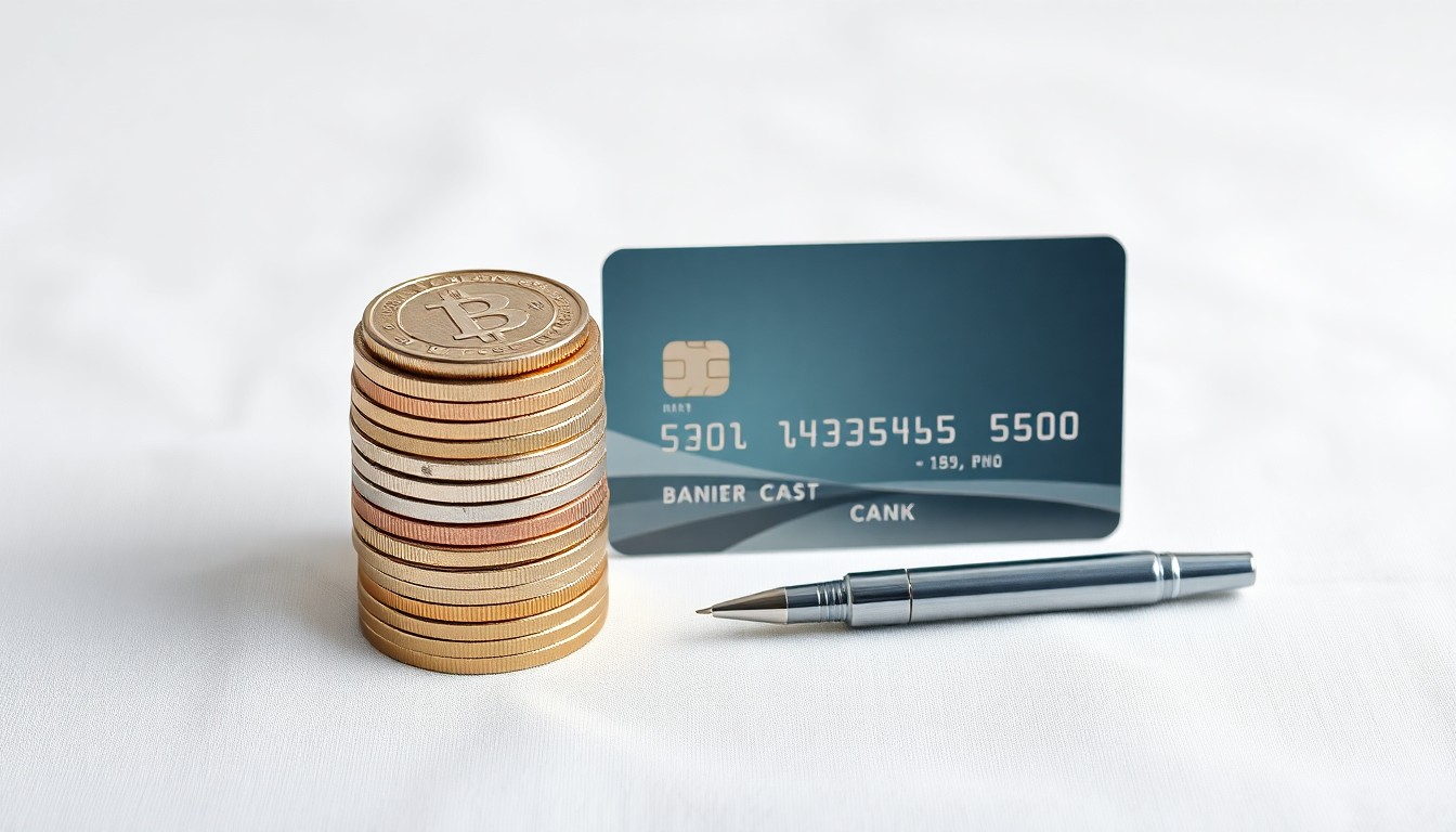 A high-end studio still life featuring a stack of metal coins, a glass bank card, and a modern pen, symbolizing the premium, minimalist design of modern banking services.
