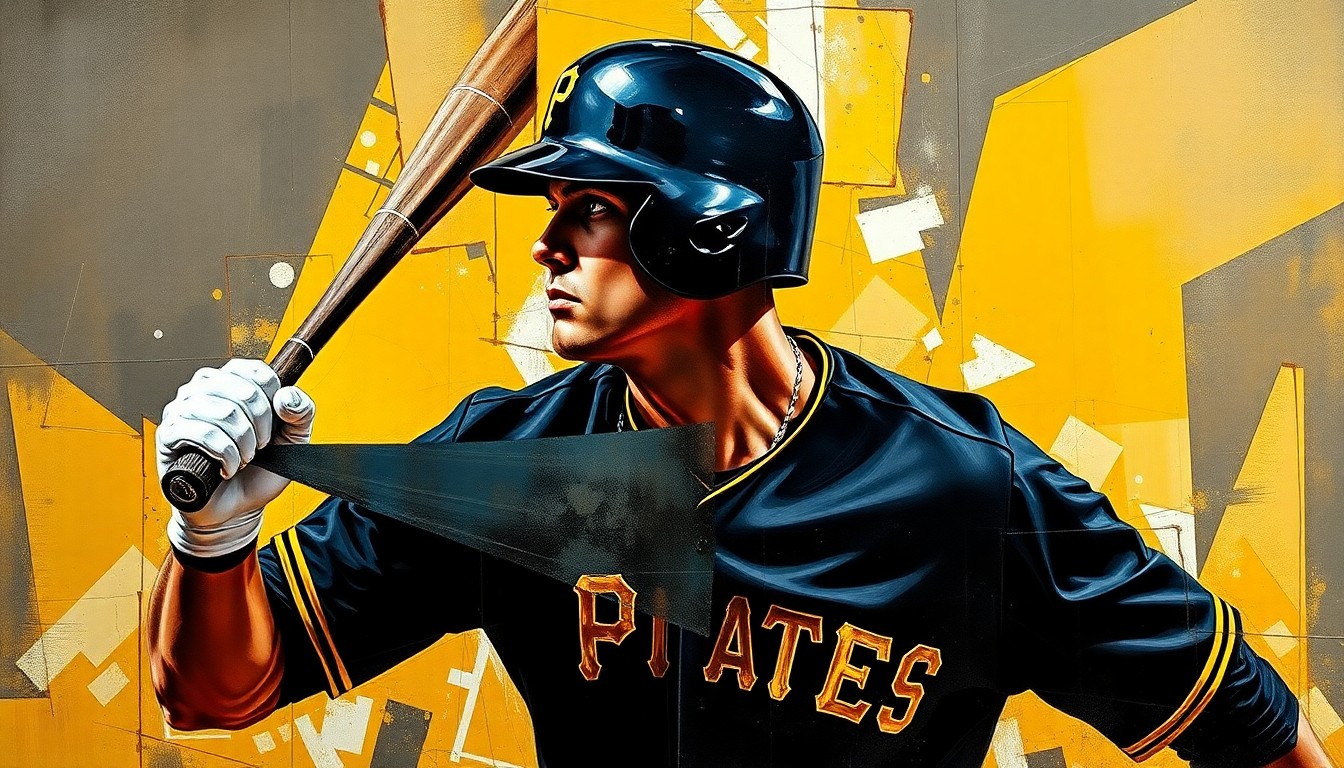 A fractured, cubist-style painting depicting a baseball player in a batting stance, with their body and uniform broken down into sharp, overlapping geometric shapes and planes in the colors of the Pittsburgh Pirates.