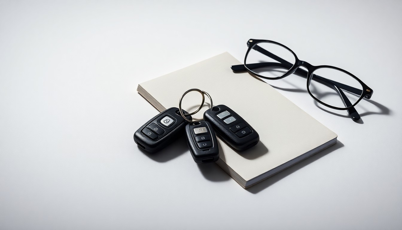 A minimalist studio still life featuring a set of car keys, a notebook, and a pair of reading glasses arranged elegantly on a clean, monochromatic background, conceptually representing the financial challenges facing older adults who supplement their retirement with gig work.