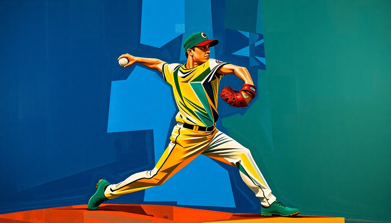 A cubist, geometric painting depicting a baseball pitcher's motion broken down into overlapping planes of navy, green, and orange, conveying the raw power and precision of Gavin Williams' pitching.
