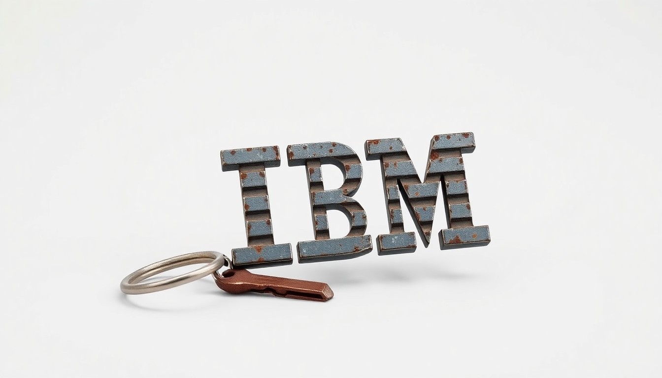 A close-up photograph of a rusty metal key fob in the shape of the IBM logo, resting on a plain white background, conceptually representing the forgotten history of the abandoned IBM Country Club site.