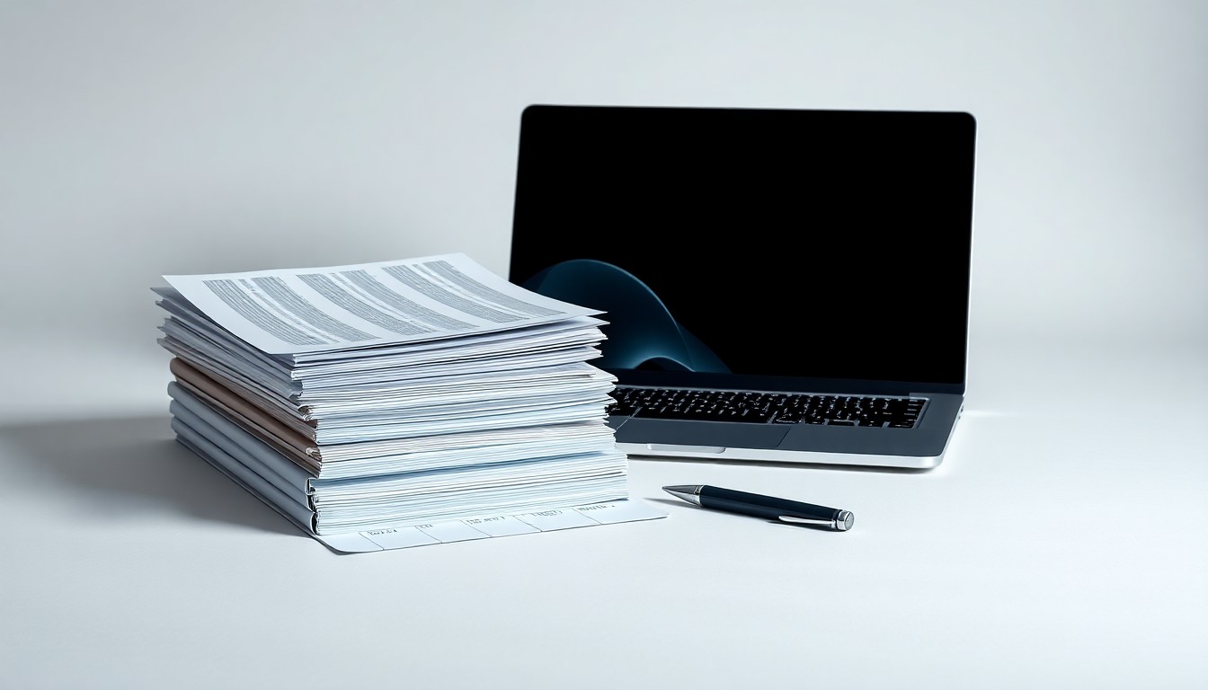 A high-end, photorealistic studio still-life photograph featuring a stack of polished metal and glass financial ledgers, a sleek laptop, and a modern pen, all arranged elegantly on a clean, monochromatic seamless background, conceptually representing Affirm's corporate strategy and financial performance.