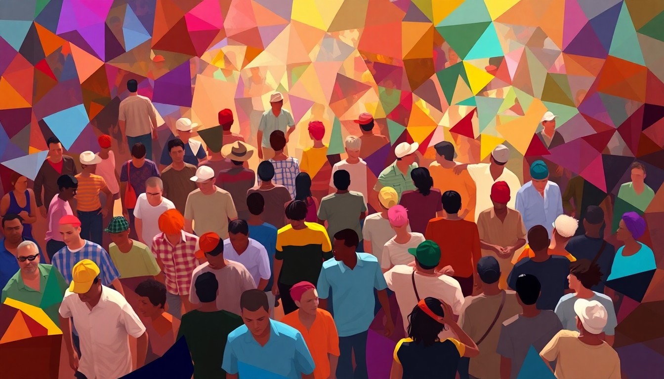 A dynamic, abstract painting featuring overlapping geometric shapes and waves of bright colors, conceptually representing the energy and diversity of a community festival.