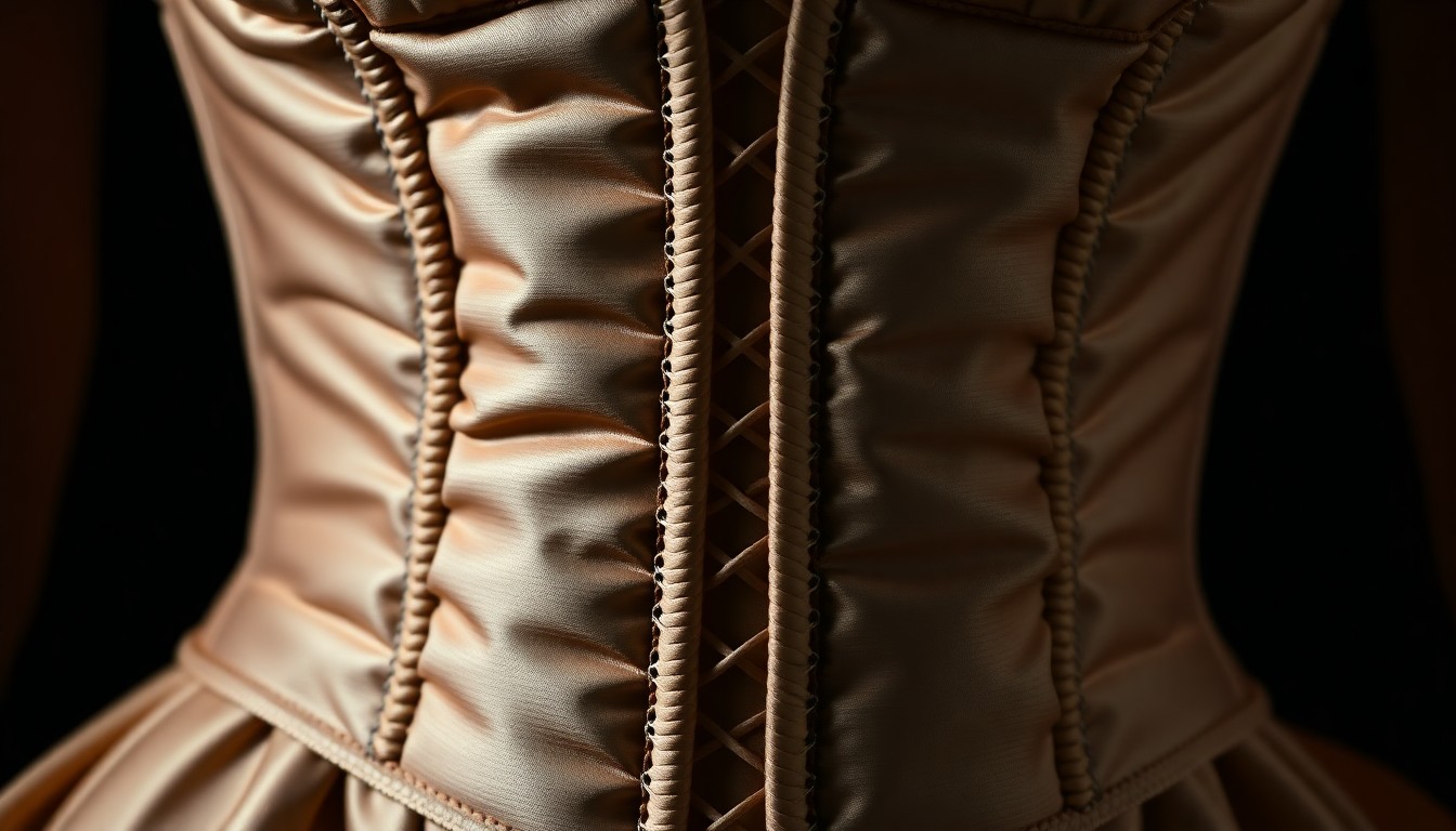 An extreme close-up photograph showcasing the intricate quilted and boned detailing on the champagne corset bodice of a high-fashion gown, captured in dramatic high-contrast studio lighting to highlight the luxurious texture.