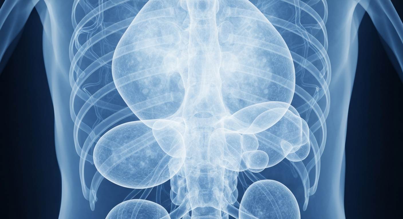 An abstract, ghostly X-ray-style image revealing the intricate internal structures of the human circulatory system, conveying the clinical process of advanced plasma exchange to remove environmental toxins from the body.