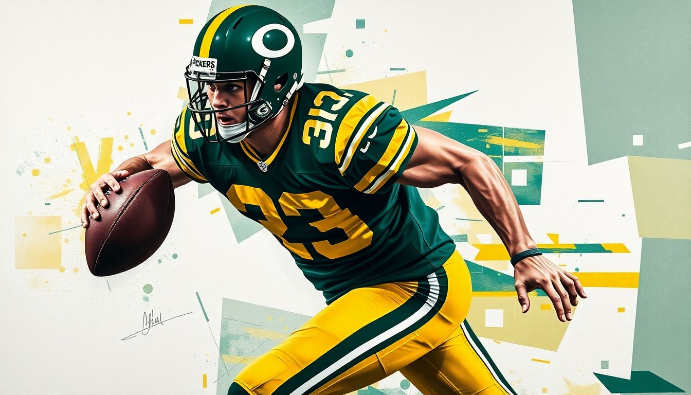 A fractured, multi-perspective painting in vibrant shades of green, gold, and white, depicting a football player in motion, with their body broken down into sharp, overlapping geometric planes.