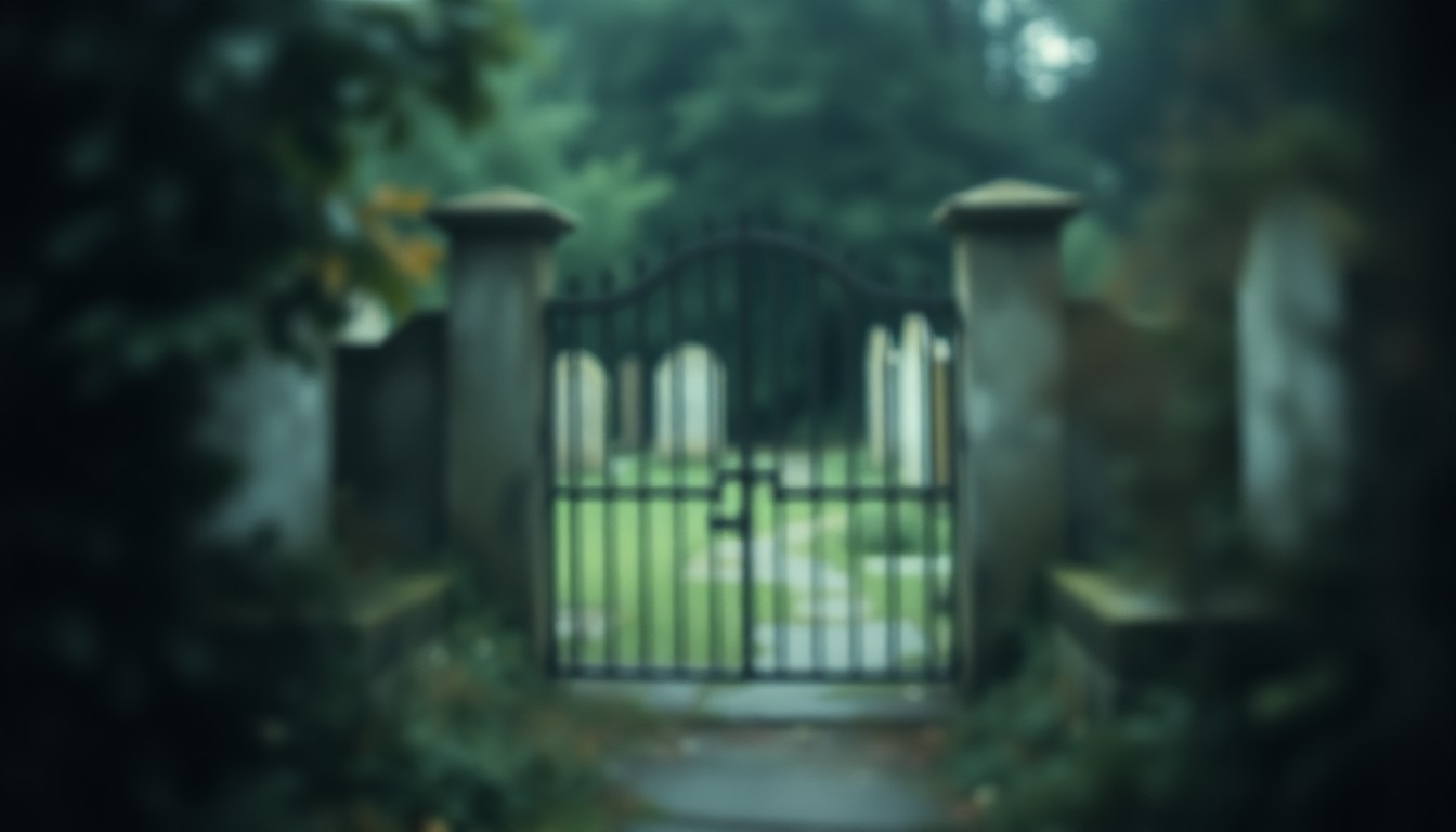 An abstract, impressionistic photograph of an old cemetery gate and headstones partially obscured by soft, blurred foliage, conveying a sense of the site's weathered history and need for restoration.